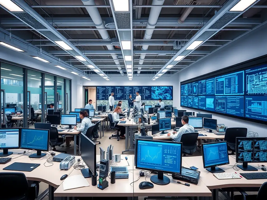 A modern research and development center in Taipei, Taiwan, with engineers working on advanced technology.